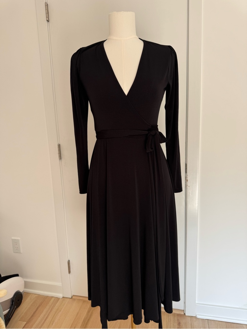 Zara Black Wrap Midi Dress with Long Sleeves